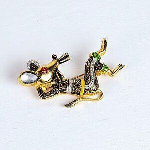 Vintage 50's Spanish Damascene Scatter Relaxing Mouse Gold & Black Pin Brooch